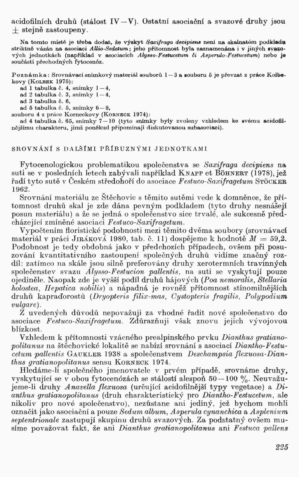 acidofilních druhů (stálost IV -V). Ostatní asociační a svazové druhy jsou ± stejně zastoupeny. Na. tomto místě je třeba dodat" ž~ vý~kyt ~qq;ifraga decipiena není na slµwna.