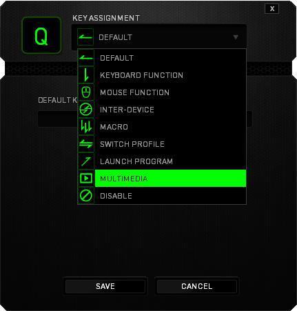 Funkce tlačítek Key Assigment Menu Default základní funkce tlačítka Keyboard Function tato funkce umožnuje tlačítku přiřadit funkci zvolené klávesy na klávesnici.