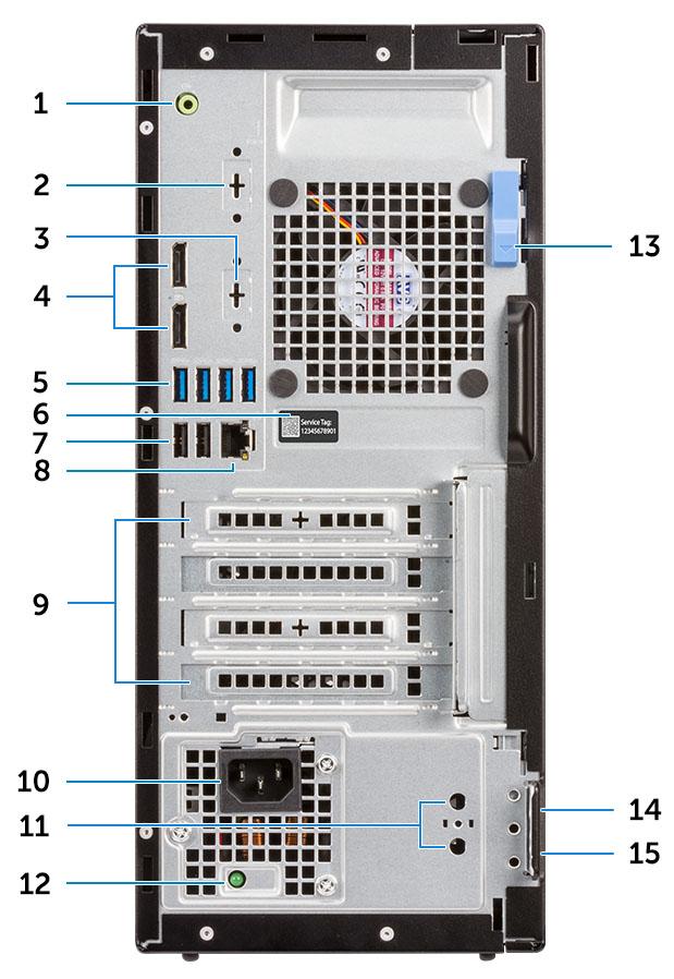 Zadní pohled 1 Port výstupu zvuku 2 Sériový port (volitelný) 3 Port DisplayPort / HDMI 2.0b / VGA / USB typu C, alternativní režim (volitelně) 4 2 porty DisplayPort 5 4 porty USB 3.1 1.