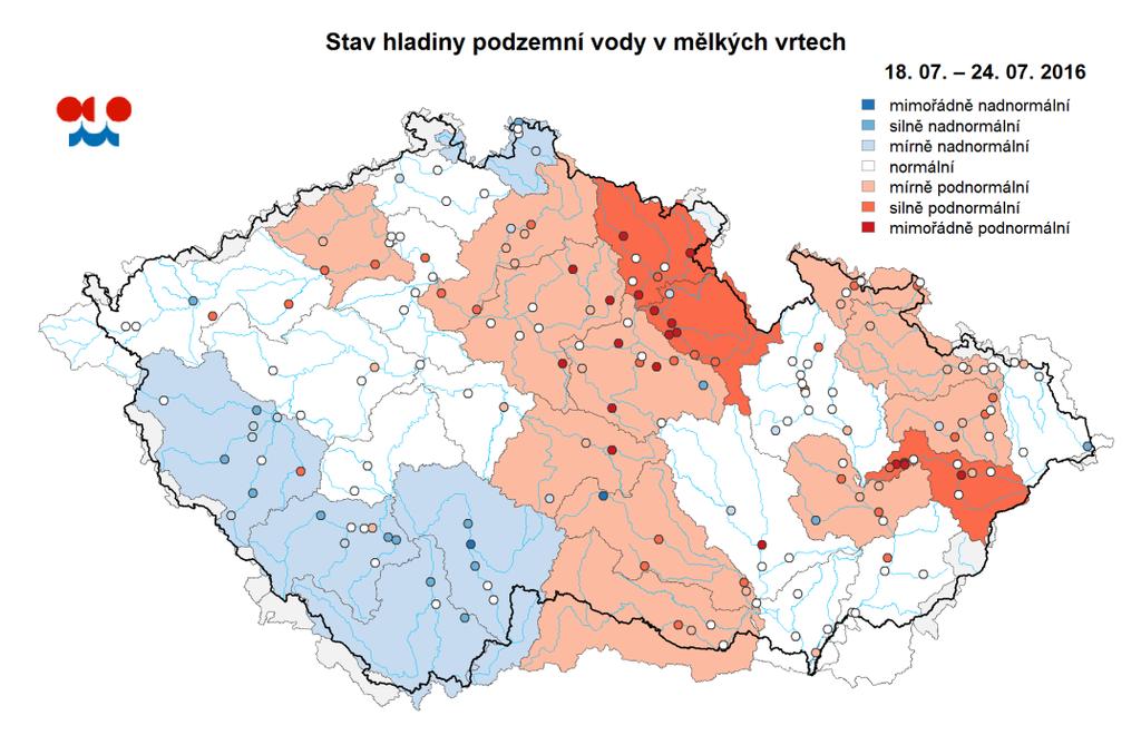 Mapa ukazuje stav podzemní vody ve sledovaných vrtech a oblastech povodí dle pravděpodobnosti překročení úrovně hladin v daném týdnu v referenčním období 1981 2010 (viz text).