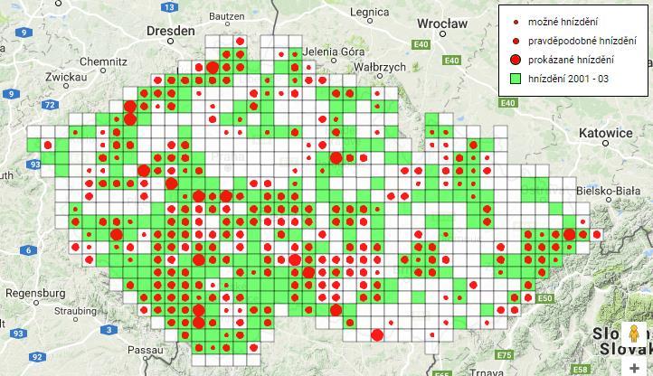 rusticola) v letech 2014 2017 (červeně podle zvětšující se velikosti bodu možné, pravděpodobné a prokázané hnízdění