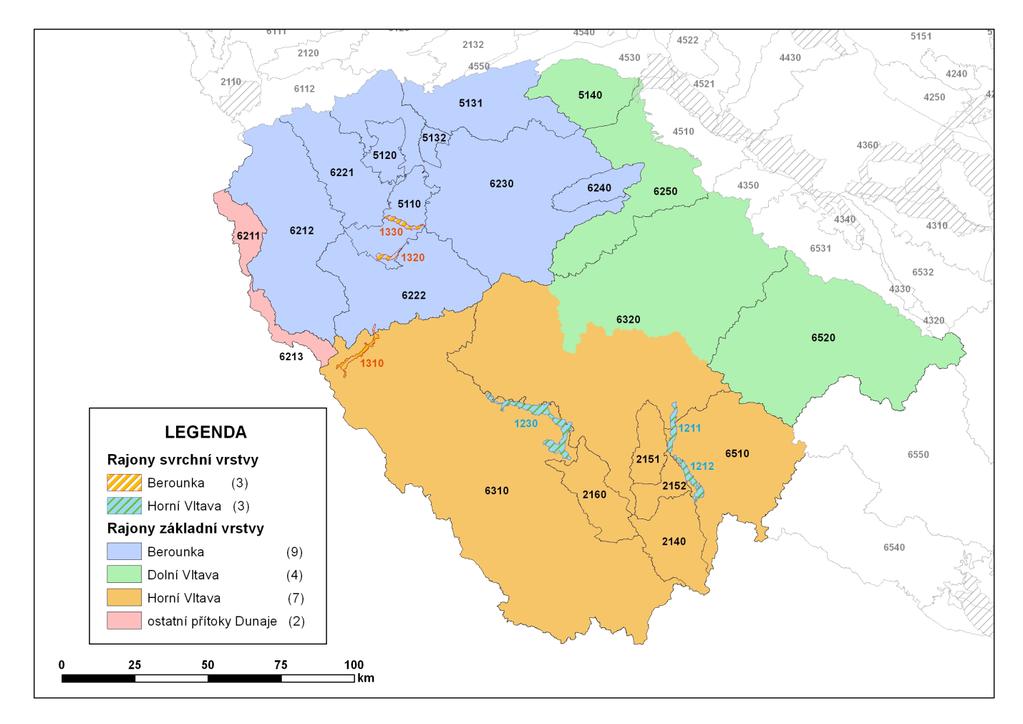 Obr. č. 2 Hydrogeologické rajony v dílčím povodí Horní Vltavy, Berounky, Dolní Vltavy a ostatních přítoků Dunaje Zdroj: VÚV TGM Praha, 2012