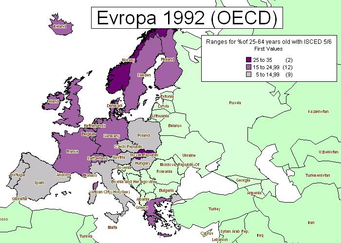 % osob s dokončeným terciálním vzděláním (podle ISCED 5/6) ve skupině 25-64 let v roce 1992