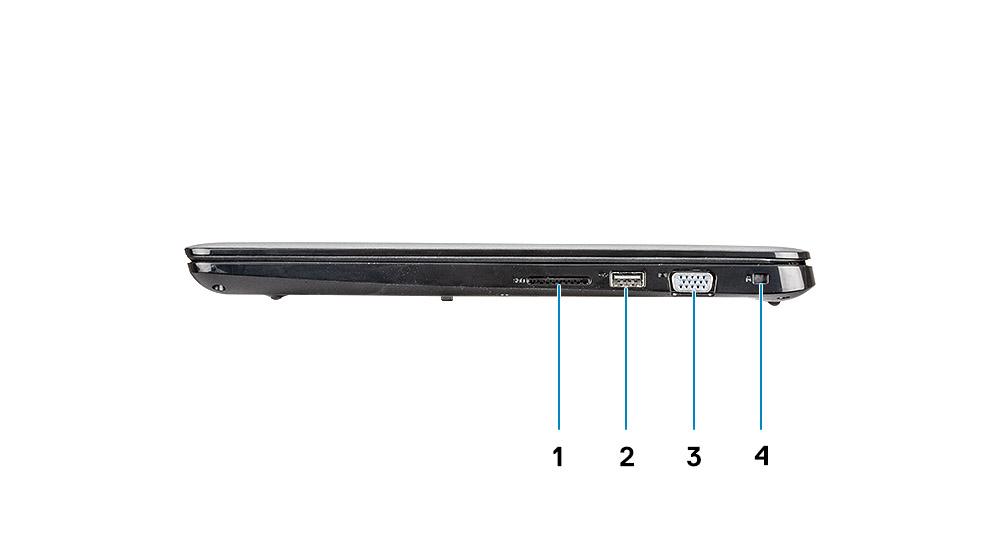1 Napájecí konektor 2 Indikátor stavu baterie 3 Port USB 3.1 typu C 1. generace s funkcí napájení a portem DisplayPort 4 Port HDMI 1.4 5 Síťový port 6 Port USB 3.1 1.