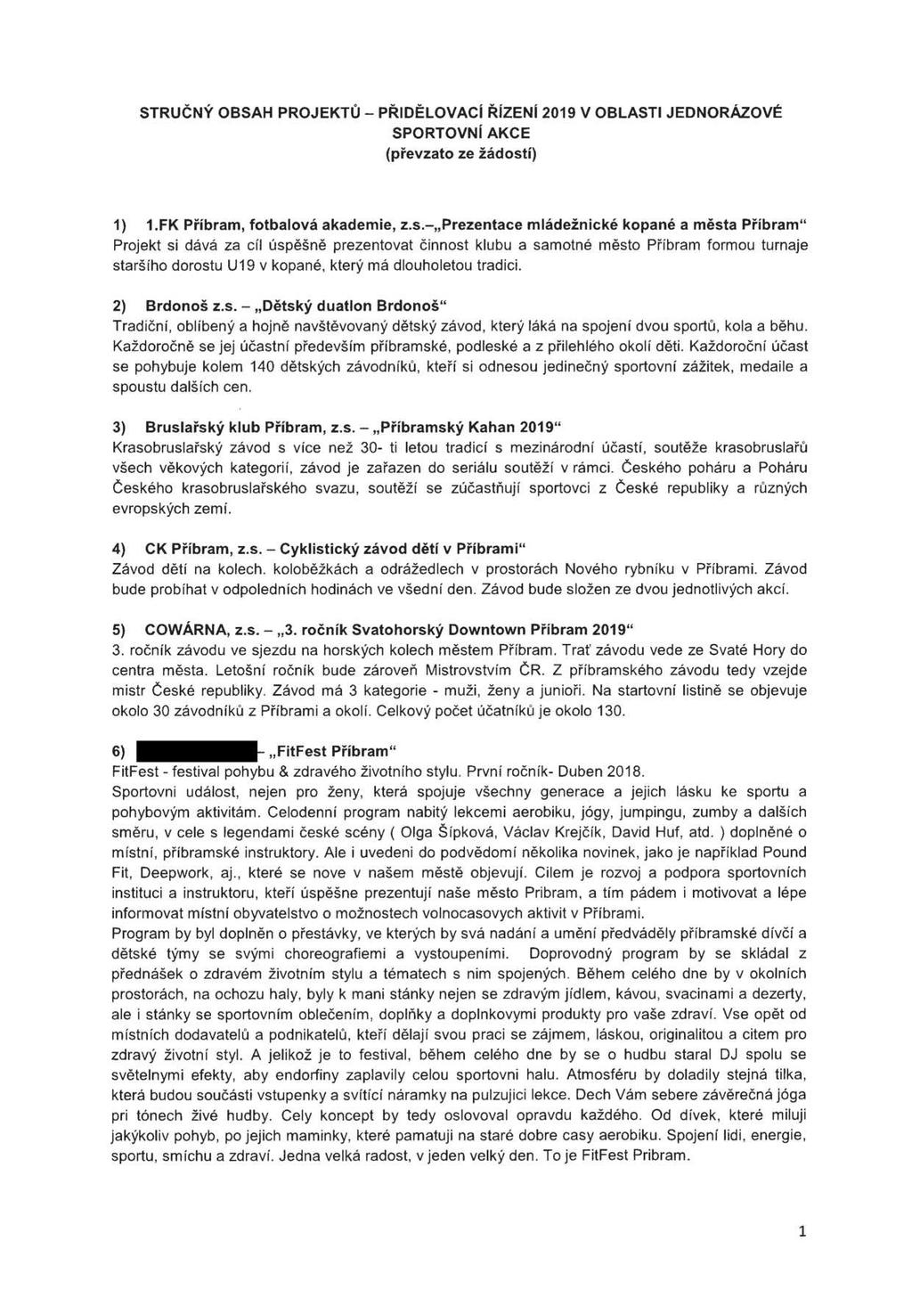 STRUČNÝ OBSAH PROJEKTŮ - PŘIDĚLOVACÍ ŘÍZENÍ 2019 V OBLASTI JEDNORÁZOVÉ SPORTOVNÍ AKCE (převzato ze žádost