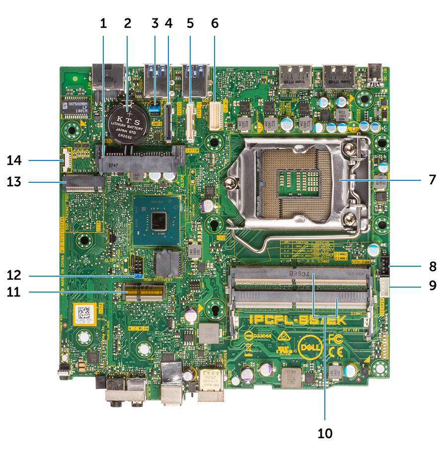 Rozložení základní desky v systému typu Micro Komponenty základní desky v systému typu Micro 1 konektor HDD, 2 Knoflíková baterie 3 Vymazání paměti CMOS / Heslo / Propojka servisního režimu 4