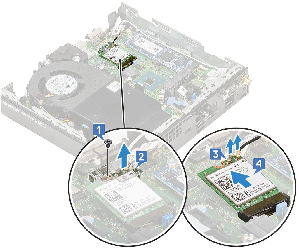 Montáž karty sítě WLAN 1 Montáž karty sítě WLAN: a Vložte kartu WLAN do konektoru na základní desce [1]. b Připojte anténní kabely WLAN ke konektorům na kartě WLAN [2].