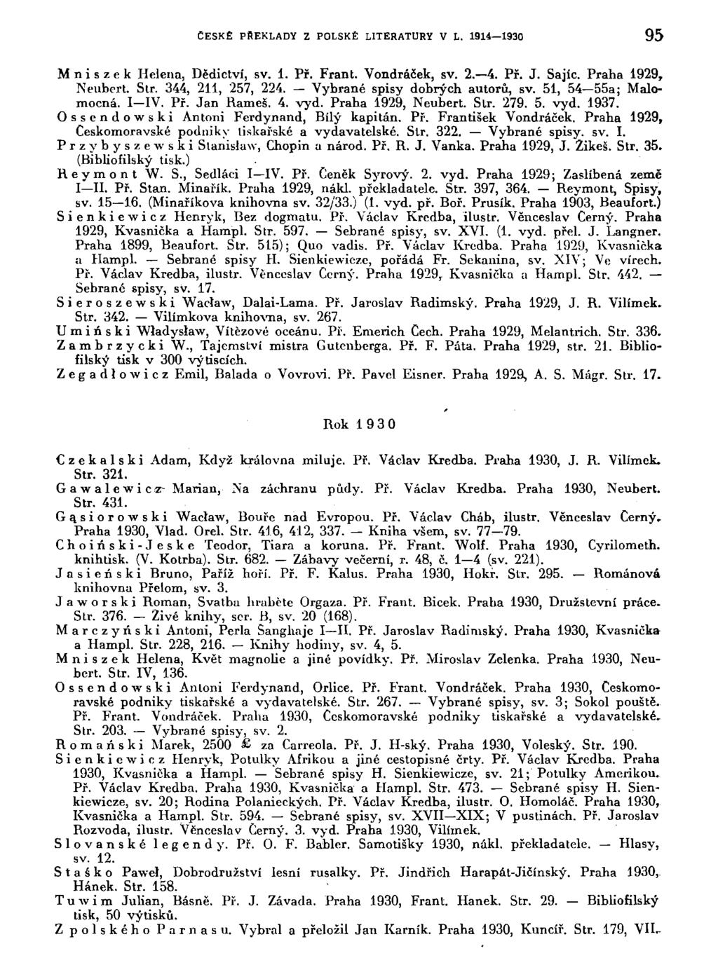 ČESKÉ PŘEKLADY Z POLSKÉ LITERATURY V L. 1914 1930 95 M n i s z e k Helena, Dědictví, sv. 1. Př. Frant. Vondráček, sv. 2.-4. Př. J. Sajíc. Praha 1929, Neubert. Sir. 344, 211, 257, 224.