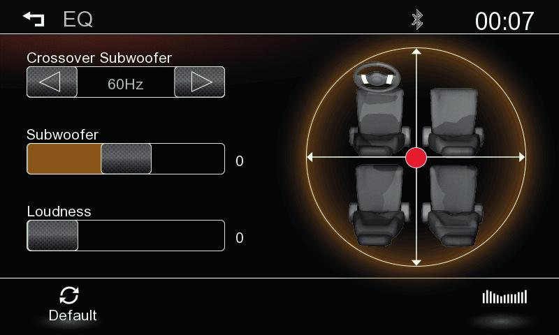 NASTAVENÍ Audio/video Nastavení audio Fader/Balance Vyvážení Vyvážení předního-zadního/levého-pravého kanálu ve vozidle nastavíte pomocí přesouvání červené značky Crossover Subwoofer Šipkami doleva a