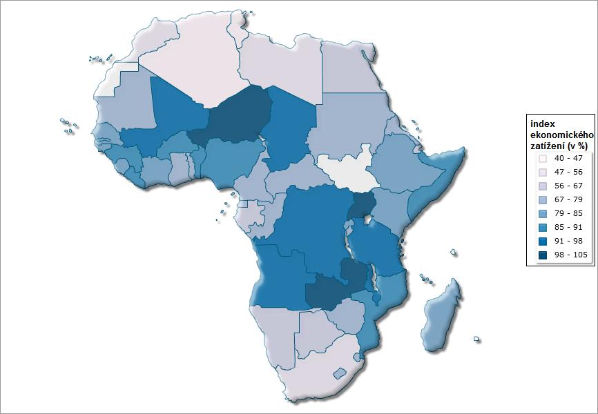 Obrázek 6.8: Index ekonomického zatížení v Africe v roce 2011 Zdroj: IndexMundi, 2011, převzato Možnost Latinské Ameriky využít přínosů demografické dividendy nicméně ještě není úplně ztracena.