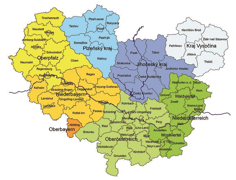Evropský region Dunaj-Vltava pracovní společenství 7 regionů (CZ-DE-AT) Kraj Vysočina Jihočeský kraj Plzeňský region Horní Rakousko Dolní Rakousko Horní Falc Dolní Bavorsko fungující na základě