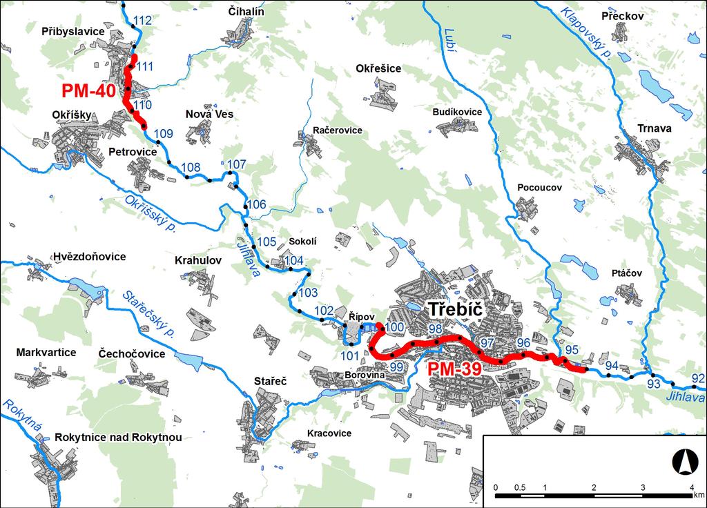 1. LOKALIZACE Předmětem řešeného území jsou úseky na řece Jihlavě v km 94,571 100,129 a 109,517 111,244. Obr. č. 1 Přehledná mapa řešeného území 2.