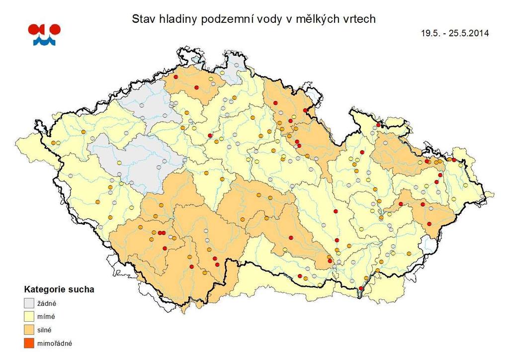 Mapa ukazuje vyhodnocení kategorie sucha ve sledovaných vrtech a oblastech povodí dle pravděpodobnosti překročení úrovně hladin v daném kalendářním měsíci v referenčním období 1981-2010 (viz text).