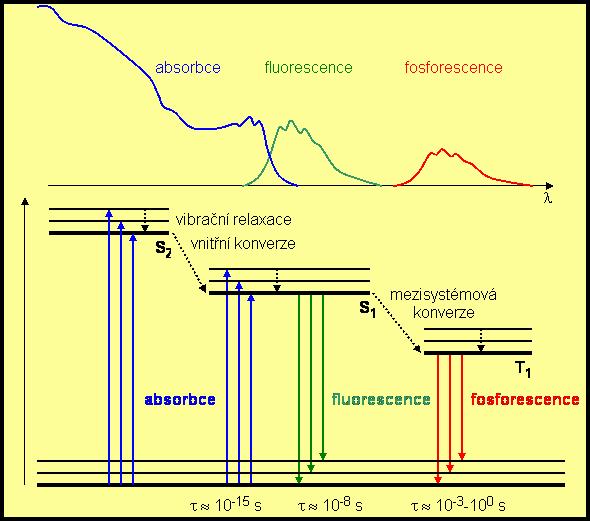 3.2.2 Rozdělení luminiscence Kinetické rozdělení luminiscenčních dějů se řídí tím, za jak dlouho po stimulujícím impulzu dojde k emisi světelného záření.