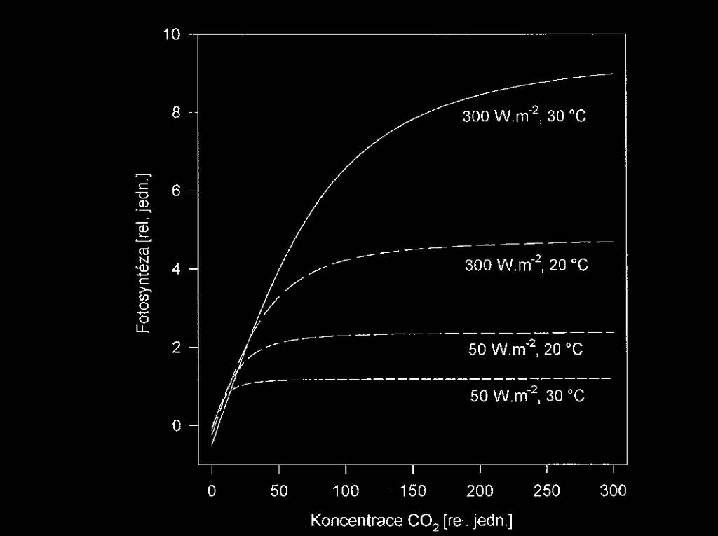 Obr. 5 Závislost rychlosti fotosyntézy na koncentraci CO 2 p i r zných teplotách a úrovních ozá ení. P evzato z [7]. Vliv zvýšené koncentrace CO 2 na rychlost fotosyntézy je studován již dlouhou dobu.