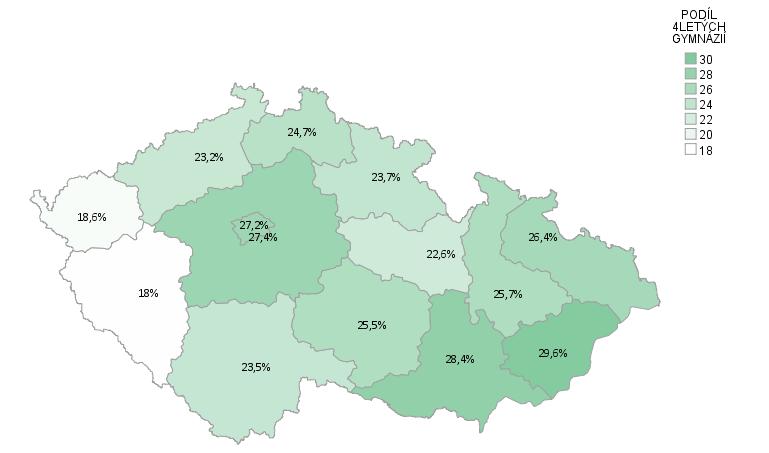 PODÍL 4LETÝCH GYMNÁZIÍ - ČR CELKEM: 27,0 % PODÍL UCHAZEČŮ HLÁSÍCÍCH SE DO 4LETÝCH
