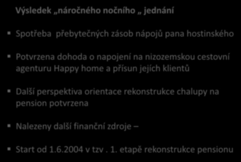 Výsledek náročného nočního jednání Spotřeba přebytečných zásob nápojů pana hostinského Potvrzena dohoda o napojení na nizozemskou cestovní agenturu Happy home a přísun