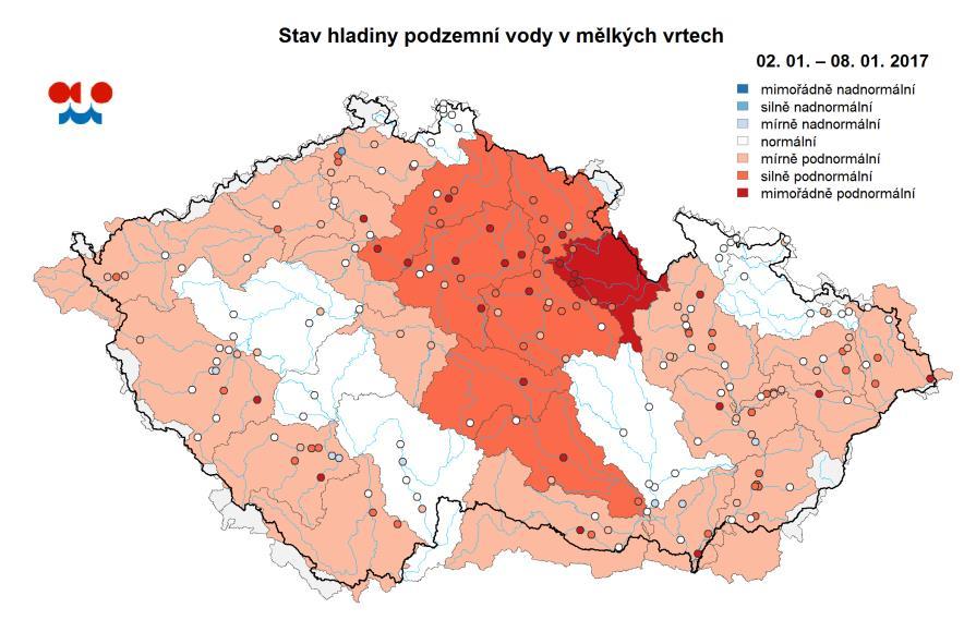 Mapa ukazuje stav podzemní vody ve sledovaných vrtech a oblastech povodí dle pravděpodobnosti překročení úrovně hladin v daném týdnu v referenčním období 1981 2010 (viz text).