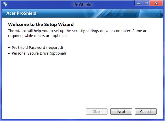 46 - Acer ProShield Budete požádáni o nastavení hesla a můžete si vytvořit osobní zabezpečený disk.