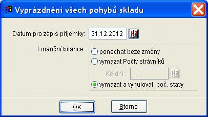 Vynulování Finanční bilance při vyprázdnění skladu Při vyprázdnění pohybů skladu je možné vynulovat i finanční bilanci a smazat počty strávníků k zadanému datu.
