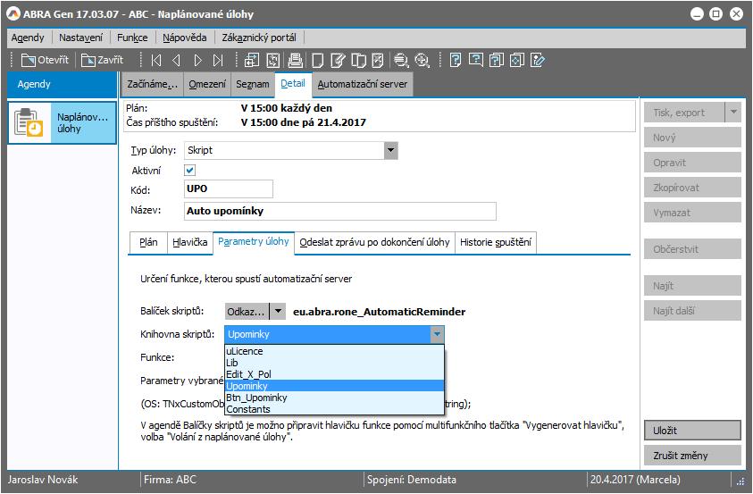 Založení nové naplánované úlohy a příklad nastavení plánu pro její spouštění V subzáložce Parametry úlohy přes tlačítko Odkaz vyberte balíček skriptů nainstalovaný v rámci tohoto doplňku, tj. eu.abra.
