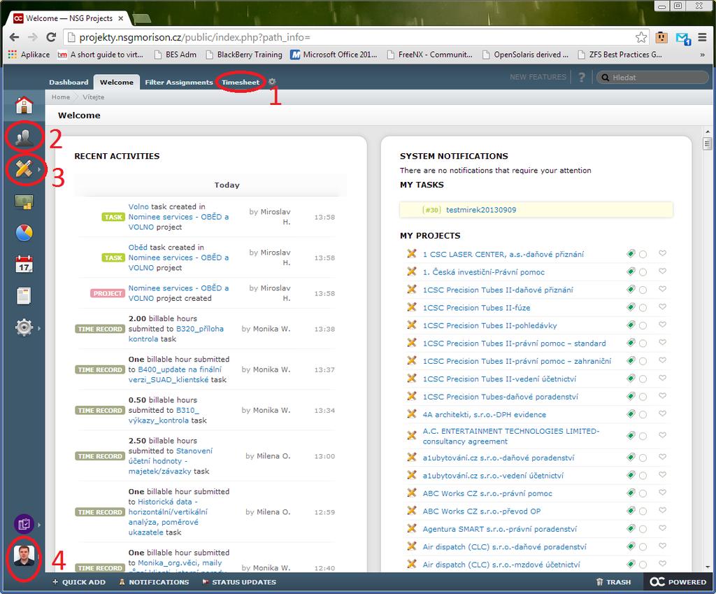 C. Hlavní obrazovka Zobrazí se Vám hlavní obrazovka s přehledem vašich projektů a posledních aktivit. V horní liště se můžete přepnout na přehled vámi odpracovaného času podle dní (1).