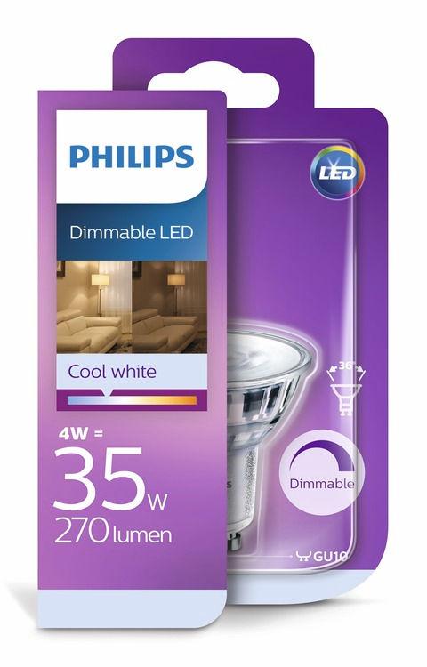 PHILIPS LED Bodové svítidlo (stmívatelné) 4 W (35 W) GU10 Chladná bílá Stmívatelné Důležité je to, co je uvnitř Krásný tvar a důvěrně známé rozměry tohoto