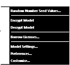 Menu Tools, ostatní záložky Hodnoty proudů náhodných čísel Šifrování/dešifrování modelu Půjčování licencí PS Nastavení modelu Základní parametry PS Menu Tools slouží k nastavení základních parametrů: