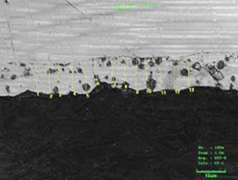 Obr. 3. Mikroskopické snímky øezu Zn PTFE povlakem Fig. 3. Microscopic cross-section images of Zn-PTFE coating,12 a 1% přesnou metodou, např.