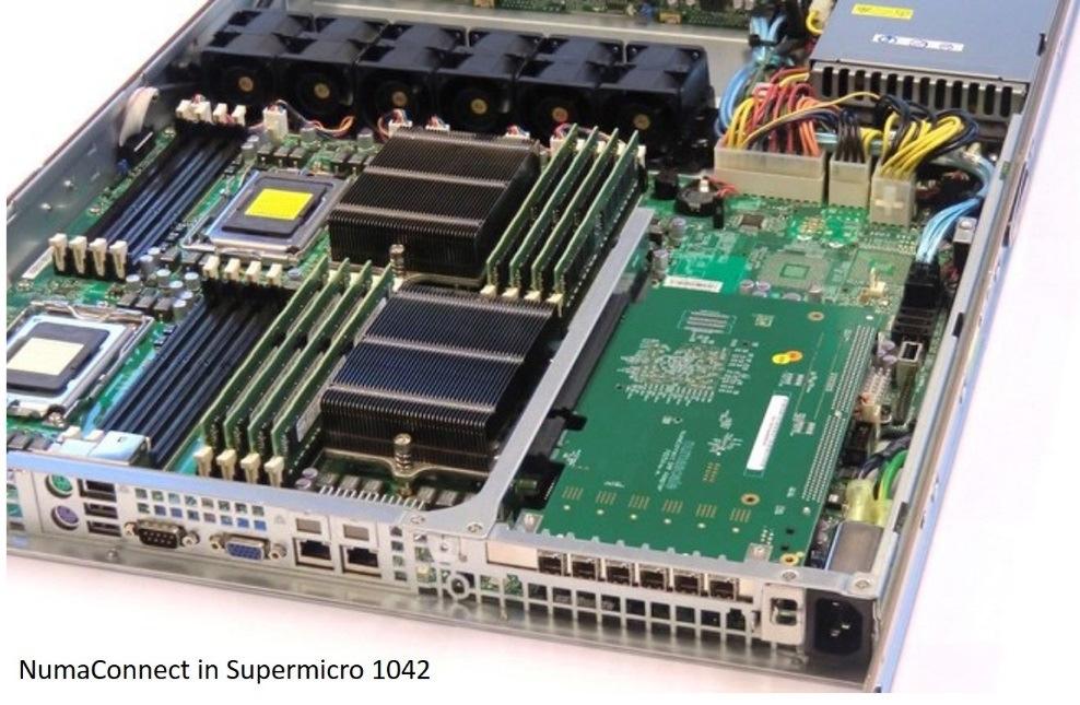 říklad z praxe - Numascale Vývod HyperTransport z motherboardu (+CIe) rocesory (16/12/8/4- Core ready) Numascale SM