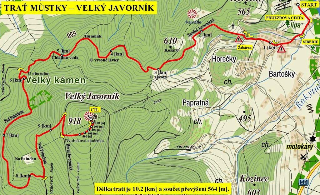 START ŽABÁRNA BĚH NA VELKÝ JAVORNÍK ZÁVOD HORSKÝCH KOL NA VELKÝ JAVORNÍK POHORSKÁ JEDNOTA RADHOŠŤ [m n. m.