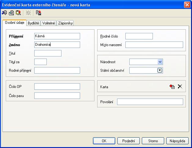 Obrázek 11 Evidenční karta externího čtenáře záložka Osobní údaje Příjmení Jméno Titul Titul za Rodné příjmení Rodné číslo Místo narození Národnost Příjmení čtenáře. Povinná položka. Jméno čtenáře.