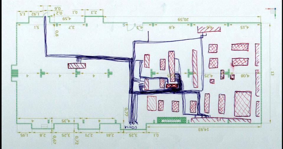 Spaghetti diagram pracoviště Obrázek 19 - Spaghetti diagram MDR3 převod Z tohoto Spaghetti diagramu je patrné, že pracovník většinu svého pracovního dne strávil na svém pracovišti, kde prováděl
