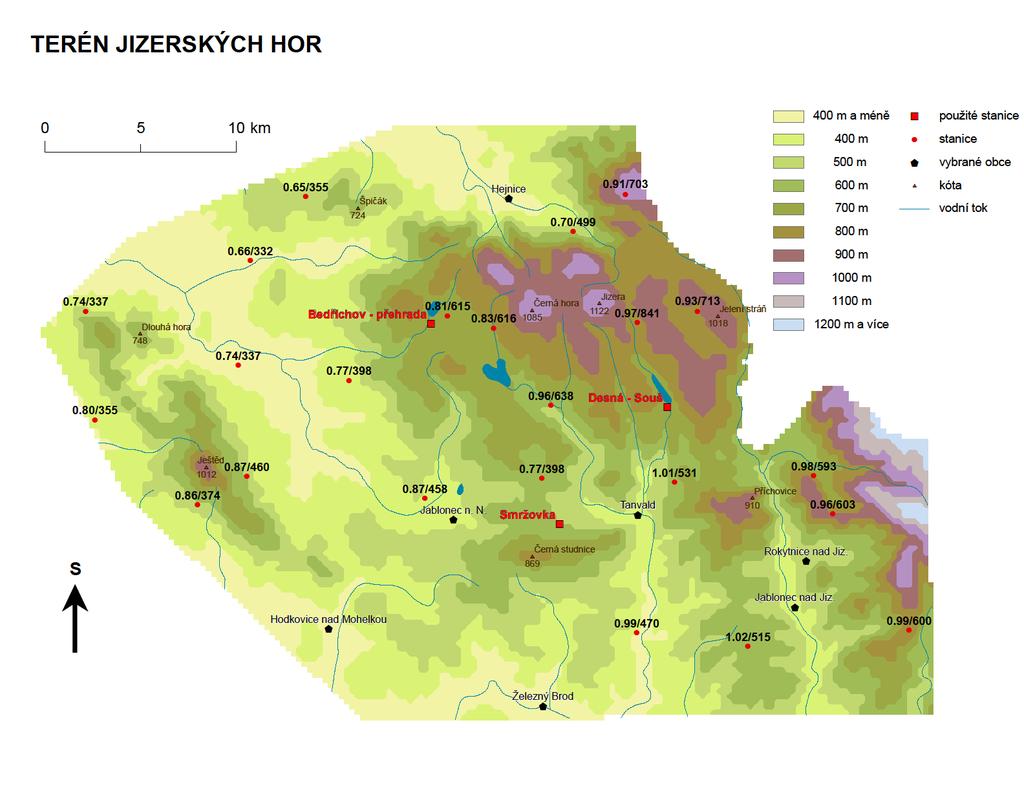 Mapa (2) stanice poměr zimní půlrok letní půlrok Vysoké nad Jizerou 1,02 515 505 Tanvald, Šumburk nad Desnou 1,01 531 525 Horní Dušnice, Rezek 0,99 600 603 Lhotka, Návarov 0,99 470 473 Harrachov 0,98