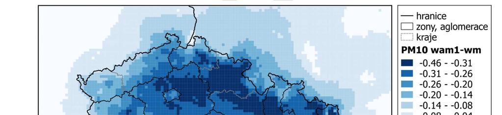 Obrázek 31: Zhodnocení dopadu scénáře NPSE-WaM na roční koncentraci částic PM10 [µg.