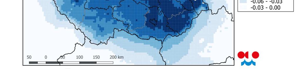 Obrázek 43: Zhodnocení dopadu scénáře NPSE-WaM na roční koncentraci částic PM2,5 [µg.m -3 ]* Zdroj. ČHMÚ * Zobrazen je rozdíl koncentrací oproti referenčnímu roku 2015.