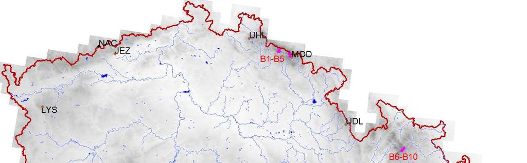 Obrázek 55: Mapa všech lokalit zahnutých do sítě pro monitoring účinků znečištění ovzduší na ekosystémy Pro účely monitorování vlivu znečištění ovzduší na ekosystémy jsou sledovány následující