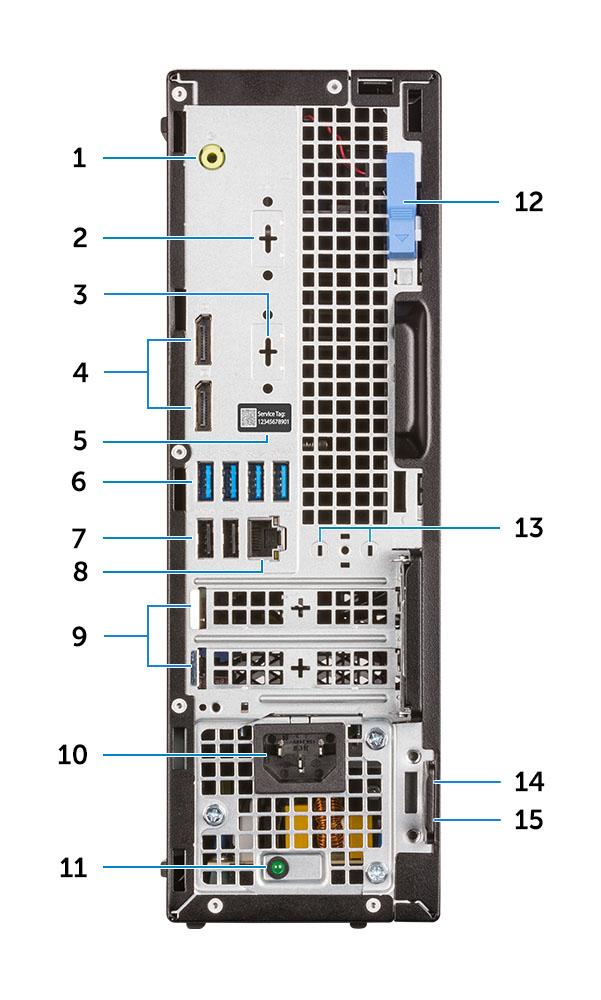 Zadní pohled 1 Port výstupu zvuku 2 Sériový port (volitelný) 3 Port DisplayPort / HDMI 2.0b / VGA / USB typu C, alternativní režim (volitelně) 4 2 porty DisplayPort 5 Výrobní číslo 6 4 porty USB 3.
