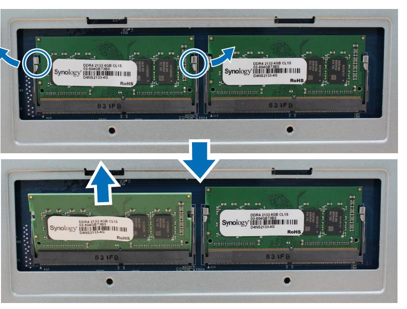 Odebrání modulu paměti RAM: 1 Podle kroků 1 až 3 kapitoly Instalace modulu paměti RAM: vypněte zařízení DiskStation, odpojte kabely a poté sundejte spodní panel.