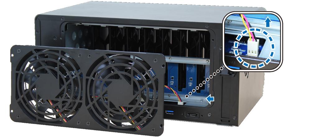 Výměna systémového ventilátoru Pokud některý ze systémových ventilátorů nefunguje, zazní na zařízení DiskStation zvukový signál.