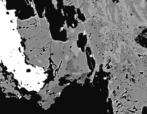 replaced Ag-excess by boulangerite fizélyite is (Bou) further andreplaced owyheeite by freieslebenite (Ow), both minerals (Frs; subsequently right side of the replaced grain); by (c) Ag-excess galena