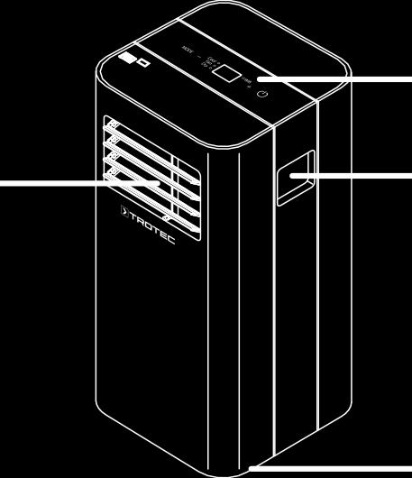 Device depiction 1 Informace o zařízení Popis přístroje Přístroj slouží v první řadě k chlazení místností. Navíc filtruje a odvlhčuje vzduch, čímž v místnosti vytváří příjemné klima.