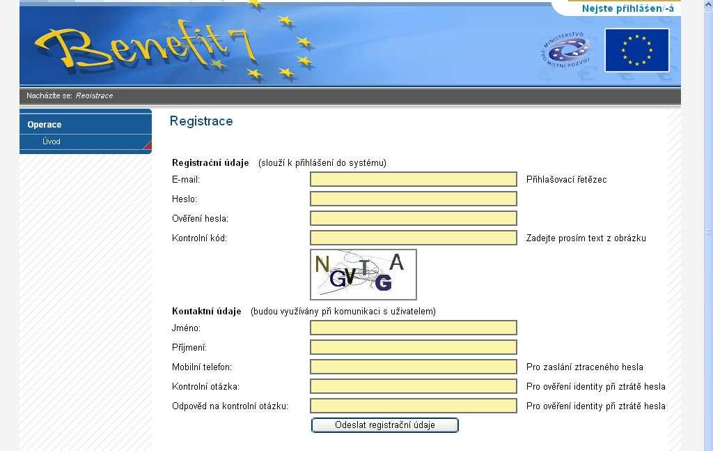 1.1 Registrace uživatele Před vlastním zahájením vyplňování žádosti je nejdříve nutné provést registraci uživatele. Po vstupu na příslušnou adresu webové žádosti (např. www.eu-zadost.