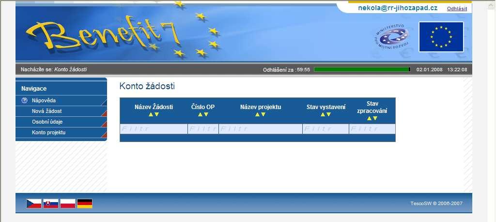 2 Okna aplikace BENEFIT7 Všechna okna aplikace BENEFIT7 jsou orámována záhlavím, zápatím a modrým ovládacím panelem v levé části: V pravém horním rohu záhlaví je umístěna informace o přihlášeném