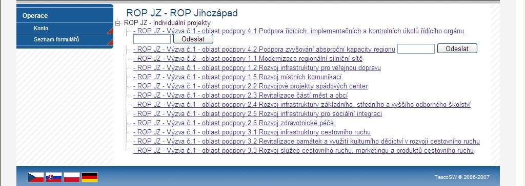 k jednotlivým oblastem podpory, kliknutím na příslušný