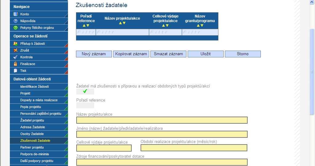 Tato záložka navazuje na záložku Projekt a je aktivní v