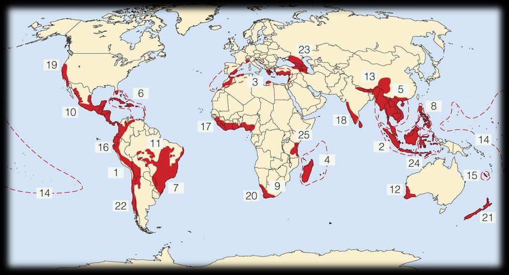 Významné oblasti biodiverzity (hot spots) high species diversity high species endemism large impact from human activities (nízká