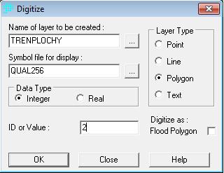 Obrázek 4 Ikony použité pro vytvoření masky tréninkových ploch. Ikona Digitize (vlevo), ikona Delete Feature (uprostřed) a ikona Save Digitized Data (vpravo).