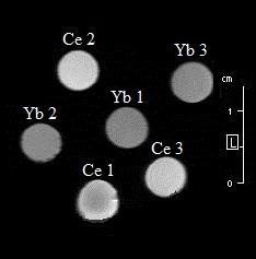 roztoků jsem do cívky dávala 6 kyvet současně. Poloha jednotlivých vzorků v magnetu je znázorněna na obr. 3.2 Obrázek 3.2: Protonový obrázek zobrazující umístění vzorku v kyvetě.