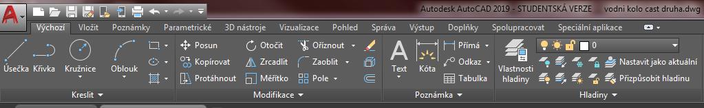 Defaultní záloţka Výchozí obsahuje nástroje základní geometrie. Nalezneme zde příkazy pro tvorbu úsečky, obdélníku, oblouku, kruţnice, šroubovice apod.